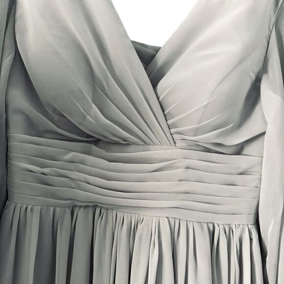 Lavetir Silver Chiffon V-Neck Long Formal A-Line Dress Lace Up Back Size Small - Picture 5 of 14